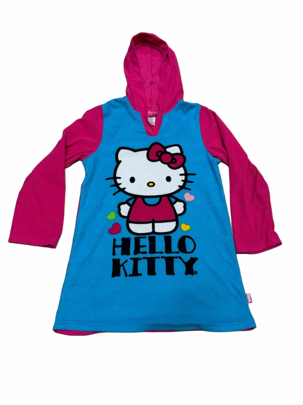 Hello Kitty Girls Pink Blue Fleece Hooded Nightgown Sleepwear Size 12